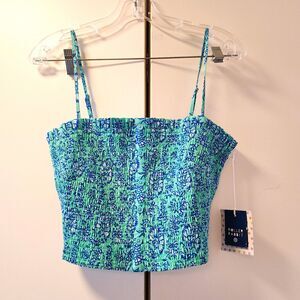 Roller Rabbit Women's Smocked Cropped Tank Blue/Green Floral Knit Cotton M Nwt